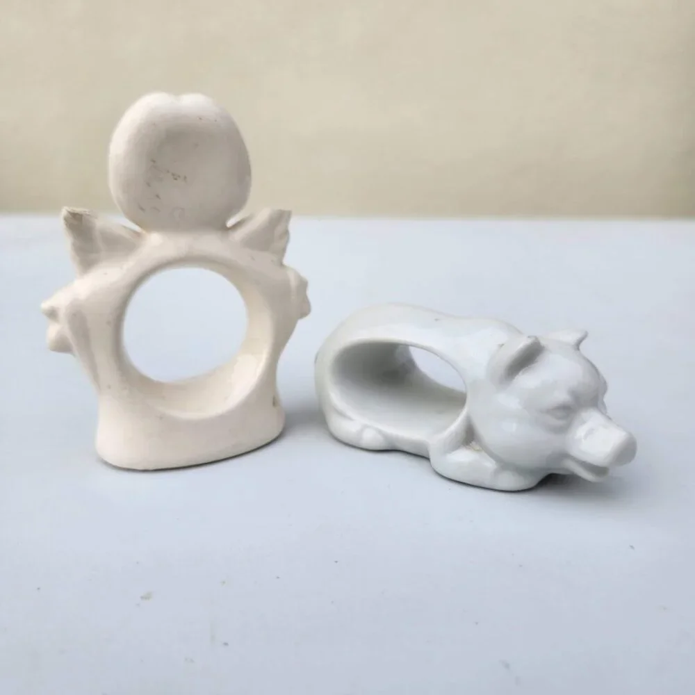 Set of 2 Vintage Napkin Rings Holders Ceramic Angel Pig White Bundle